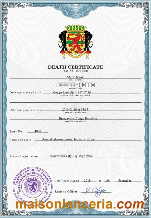 Plantilla PSD de certificado de defunción de registro vital del Congo